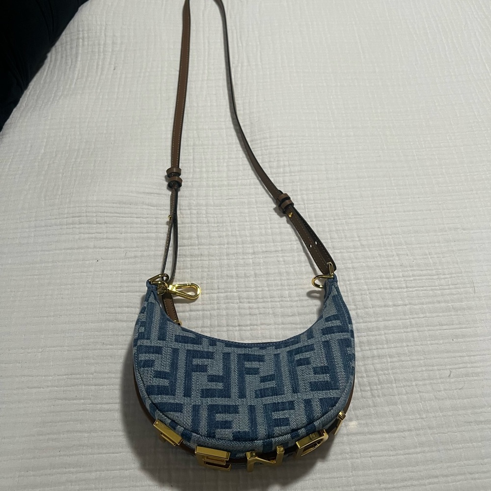 Fendi Blue Monogram Denim Crescent Crossbody Bag with Brown Leather Strap